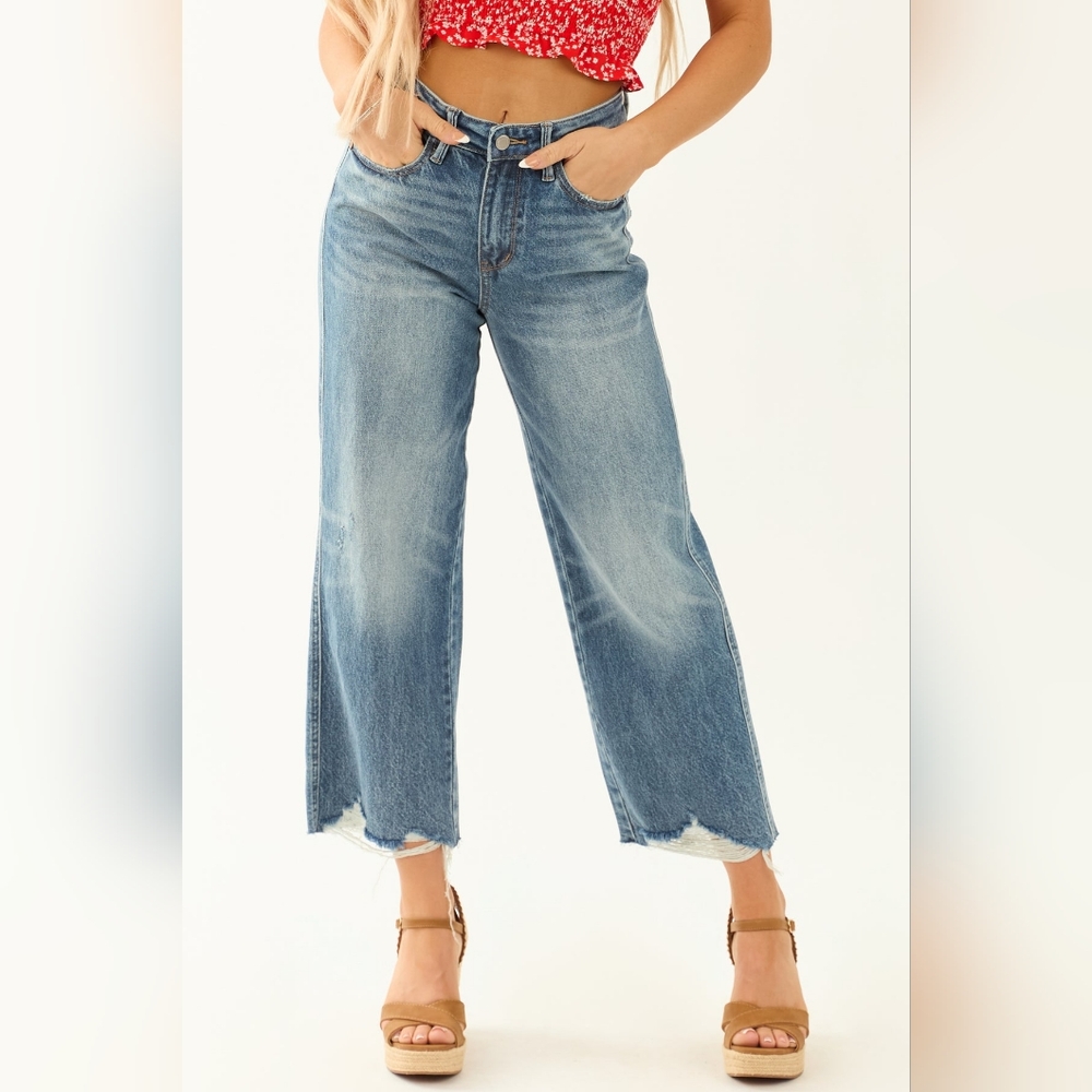 Judy Blue Magic Denim Distressed Cropped Jeans Wide Leg 9/29